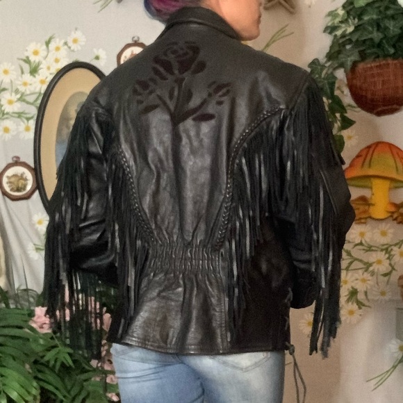 Vintage 80s black leather fringe biker jacket rose patchwork braided accents - Picture 4 of 11